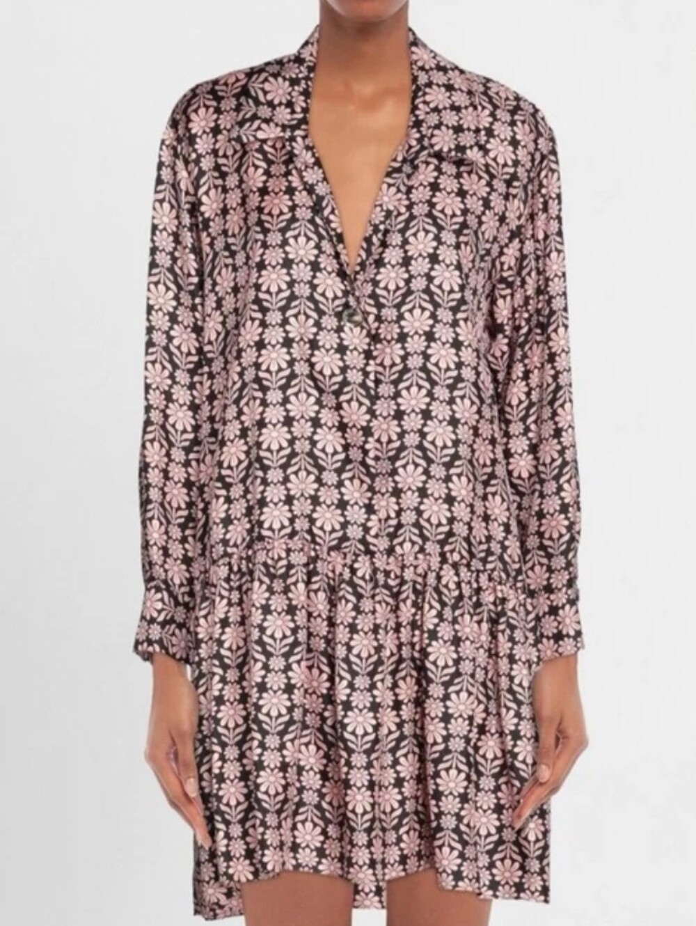 Sandro Paris Pink & Black Geo Daisy Print Silk Twill Drop Waist Shirt Dress